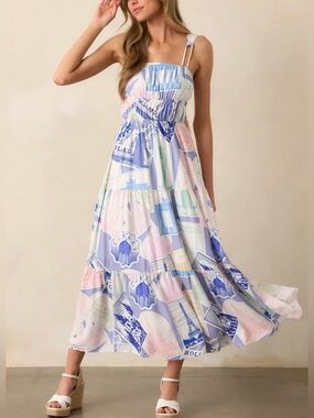 PROSPERINA ADAIR PASSPORT PRINT BLUE MIDI DRESS SIZE S